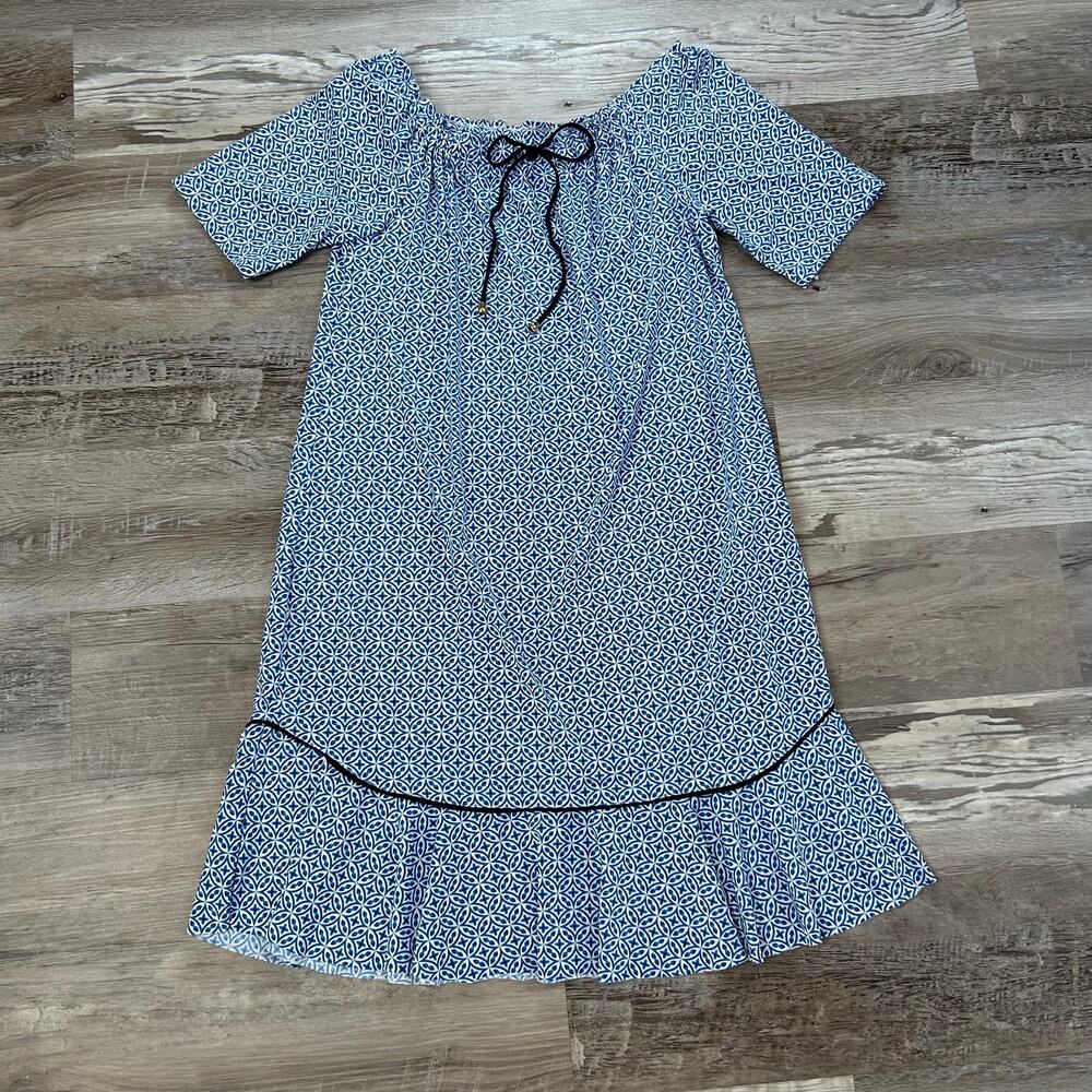 Brooksfield Donna Dress M Blue Printed Off Shoulder Ruffle Hem Resort Summer